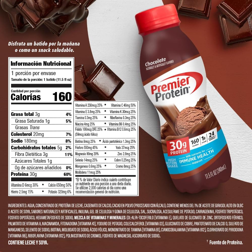 Premier Protein Shake, Chocolate, 30g Protein 1g Sugar 24 Vitamins Minerals Nutrients to Support Immune Health, 11.5 fl oz (Pack of 12) - Image 2