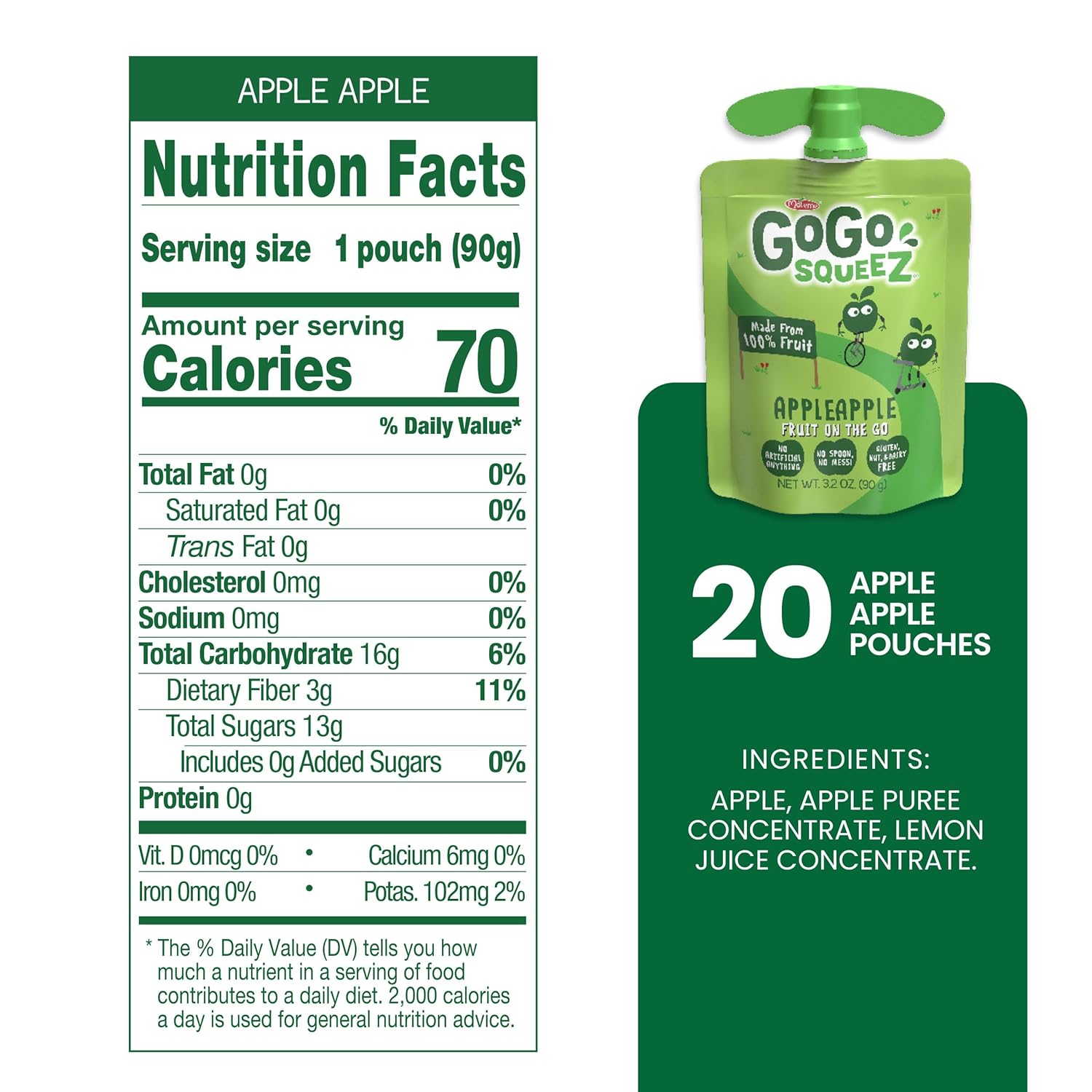 GoGo squeeZ Applesauce and Fruit Puree, Apple Apple, 3.2 oz (Pack of 20), Unsweetened Fruit Snacks for Kids, Gluten Free, Nut Free and Dairy Free, Recloseable Cap, BPA Free Pouches - Image 4